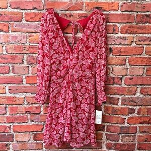 Pink and Red Floral Julia Jordan Chiffon Long Sleeve Faux Wrap Mini Dress